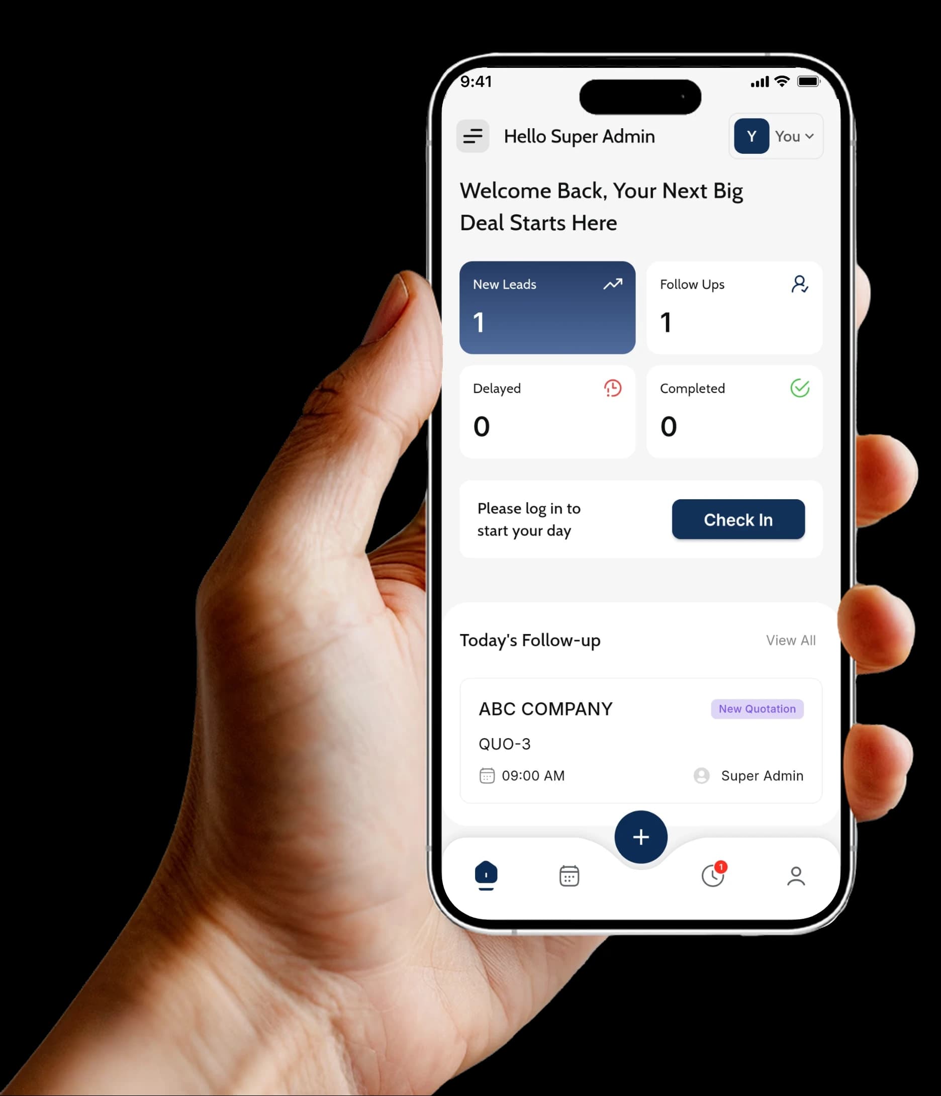 Hand holding a phone with the Progbiz CRM app home screen showing new leads, follow-ups and today's follow-up