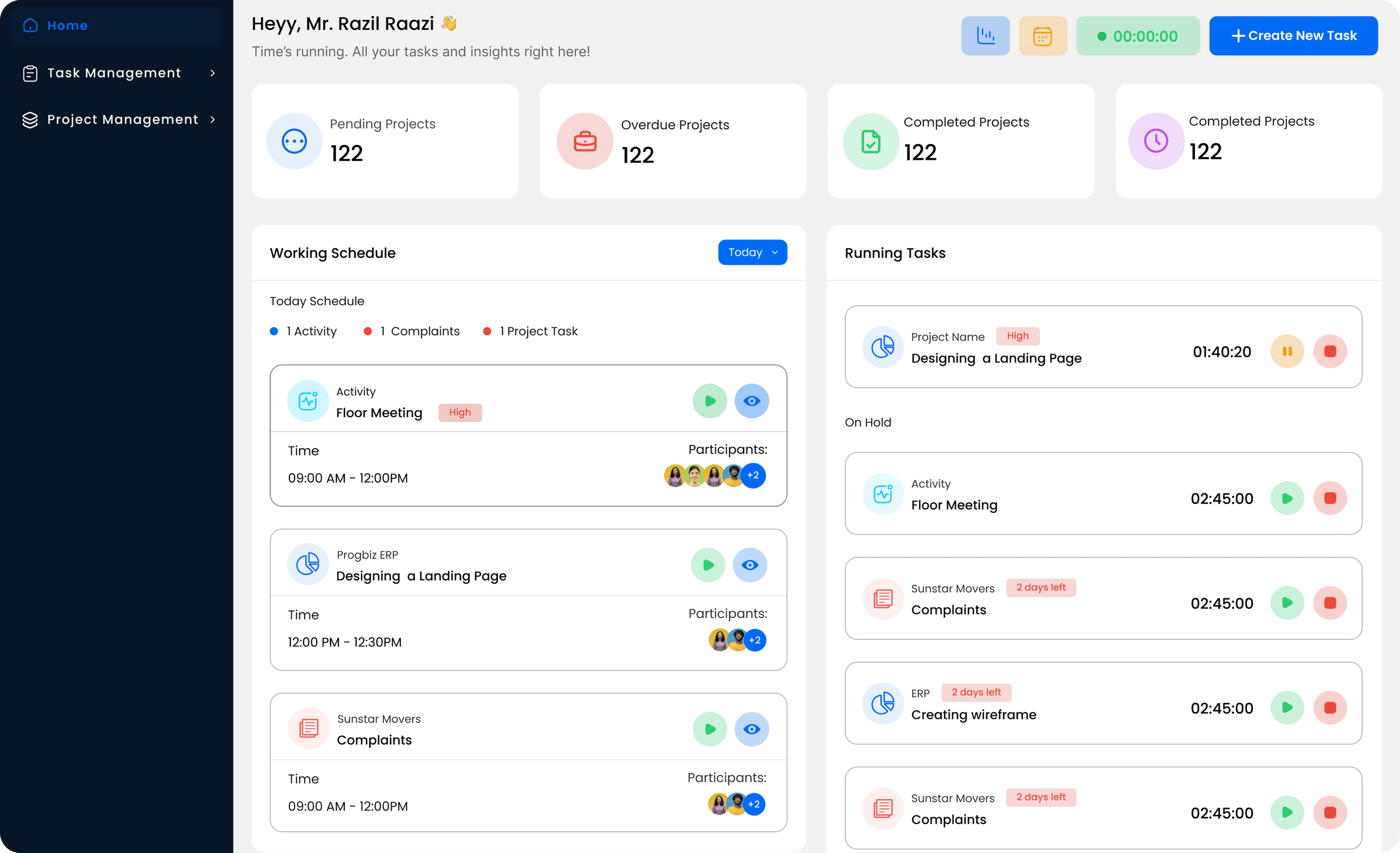 Progbiz ERP task home with working schedule and running tasks