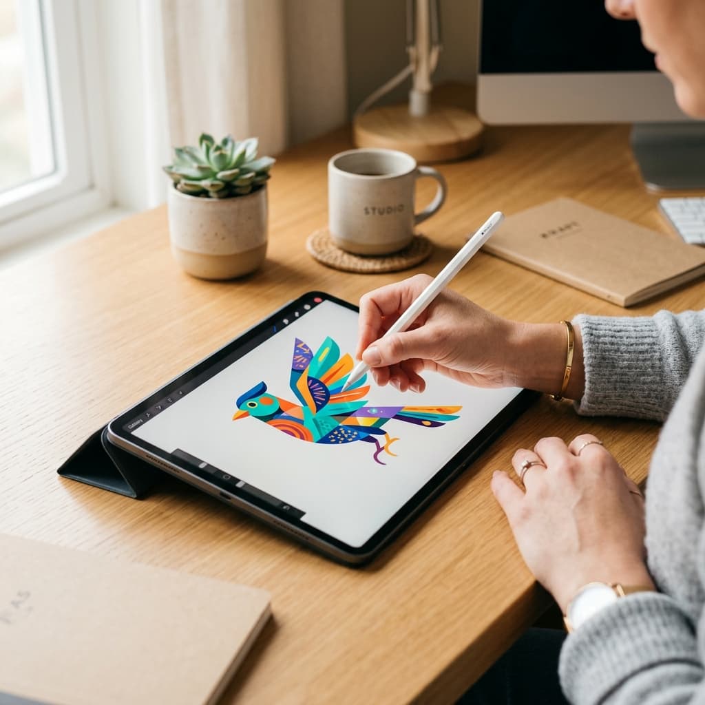 Branding Refresh tablet mockup drawing bird logo